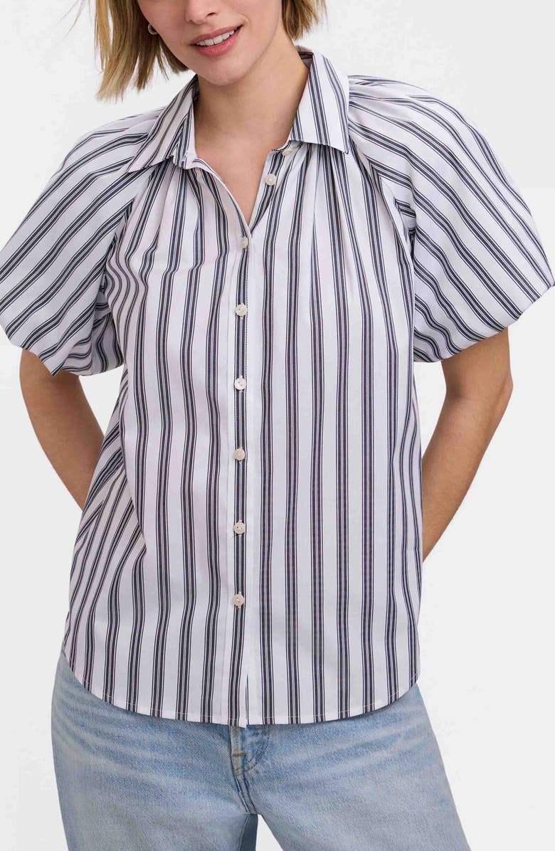 Foxcroft Paula Stripe Puff Sleeve Cotton Blend Button-Up Shirt, Main, color, Black/ White