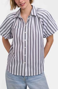Foxcroft Paula Stripe Puff Sleeve Cotton Blend Button-Up Shirt