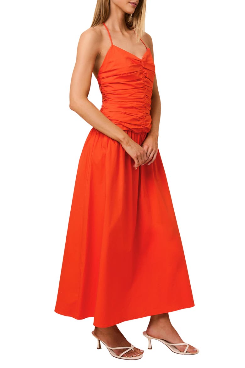 The Adina Center Ruched Halter Neck Stretch Cotton Maxi Dress, Alternate, color, HABANERO