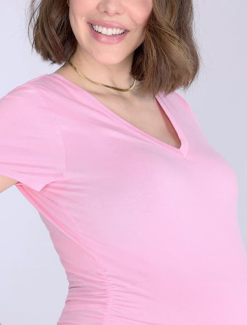 Motherhood Maternity V-neck Side-ruched Maternity Short Sleeve Tee In Pink