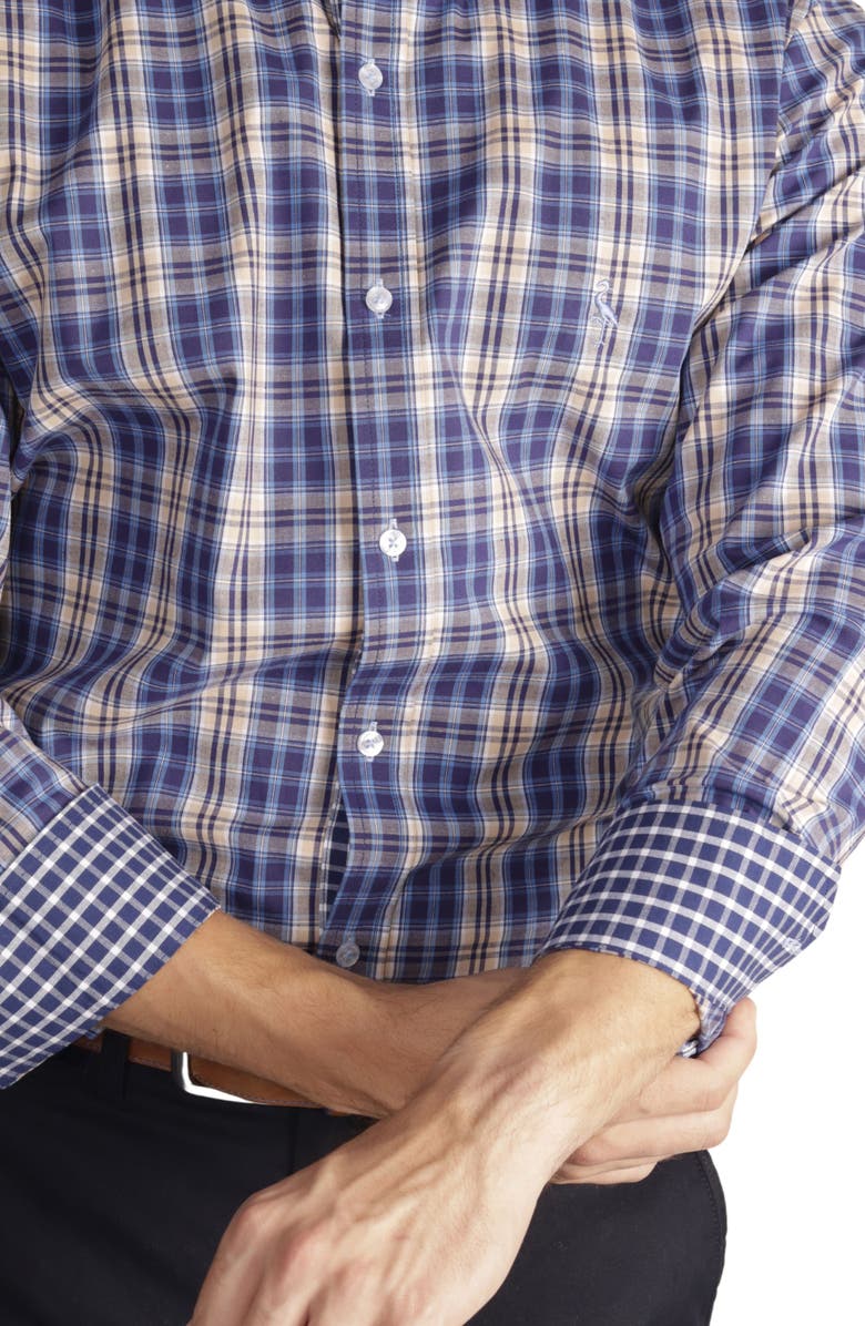 TailorByrd Navy Khaki Plaid Long Sleeve Cotton Stretch Button Down Shirt, Alternate, color, Blue/ Khaki