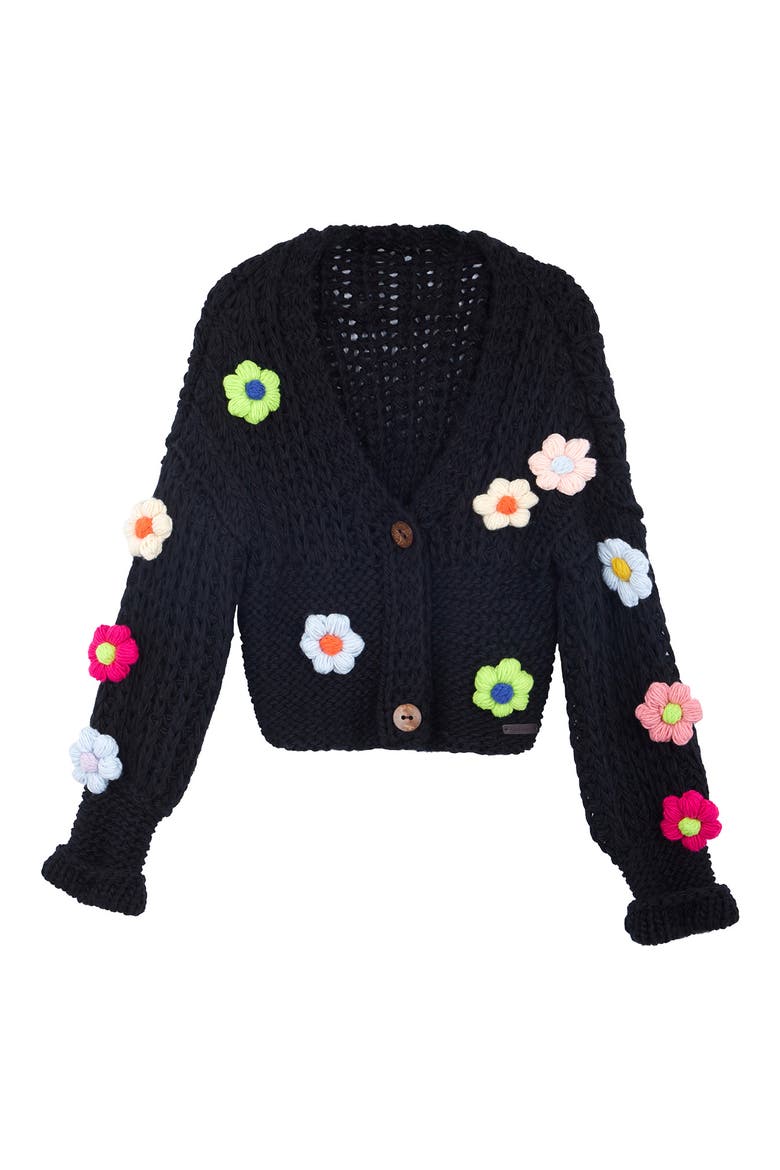 Chunky Floral Crochet Cardigan, Alternate, color, BLACK