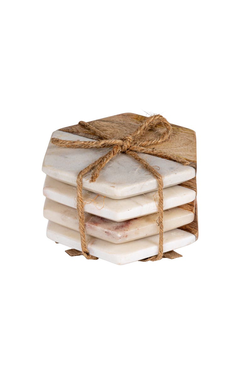 Storied Home Marble & Wood Hexagon Coaster Set, Main, color, Natural
