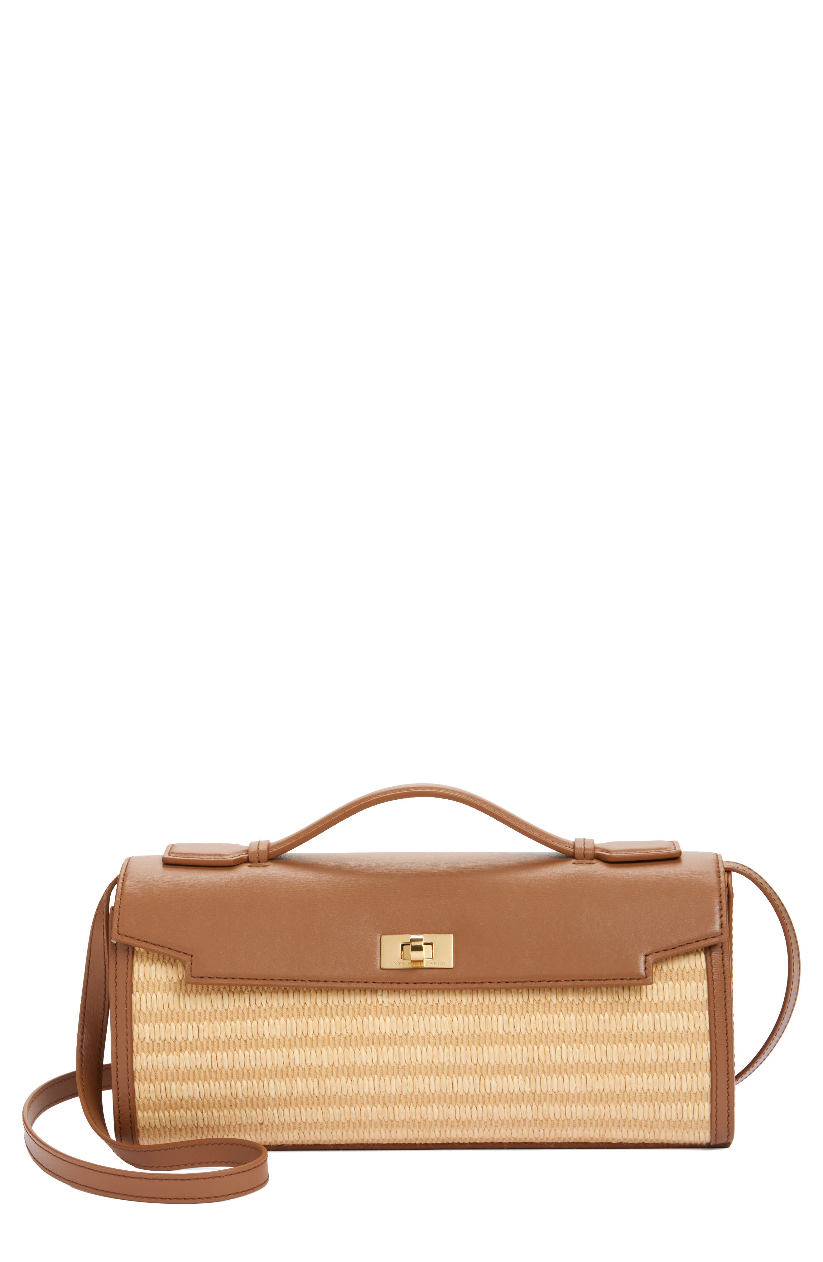 Anya Hindmarch Mortimer Raffia & Leather Clutch, Main, color, Pecan