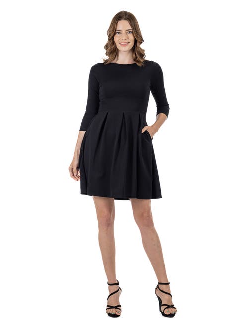 24seven Comfort Apparel Three Quarter Sleeve Fit And Flare Mini Dress In Black