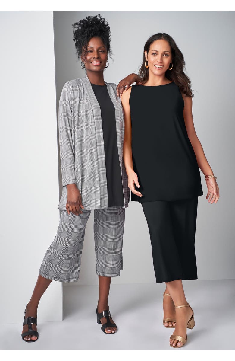 Jessica London Stretch Knit Wide Leg Crop Pant, Alternate, color, Black Bias Plaid