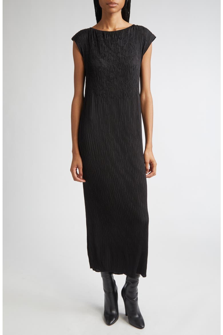 Smocked Plissé Cap Sleeve Dress, Main, color, BLACK