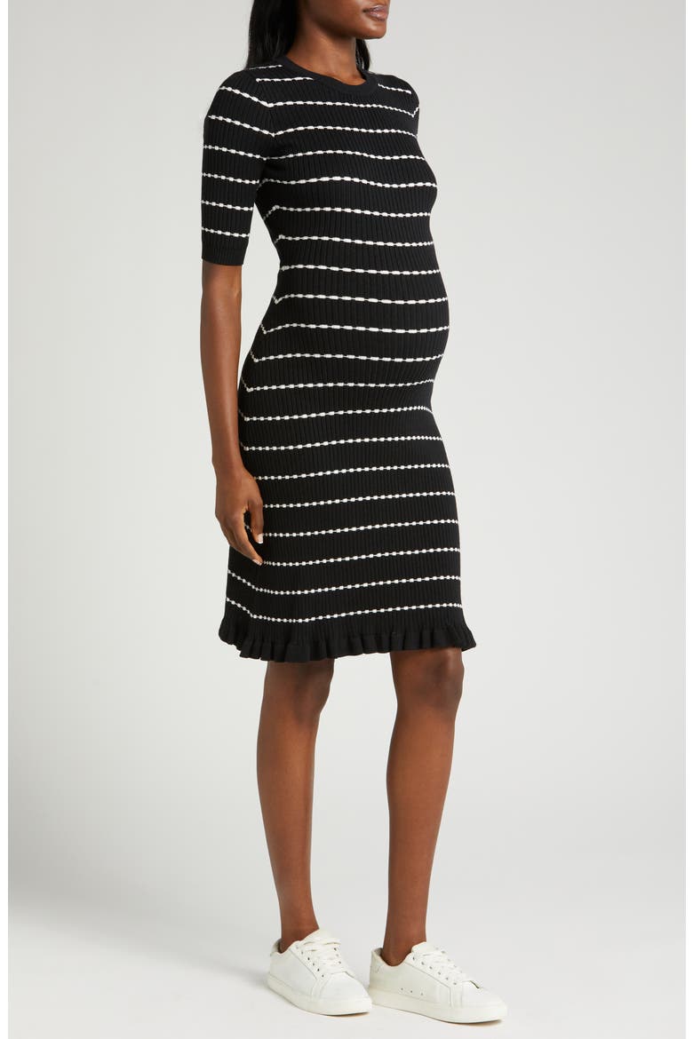 Women's Knee Length Striped Maternity & Nursing Sweater Dress in Cotton Knit, Alternate, color, BLACK & WHITE