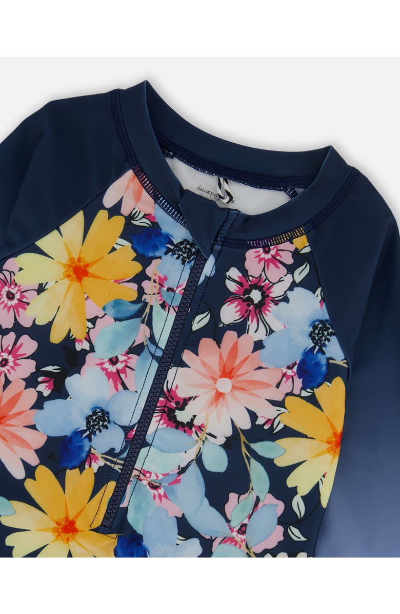 Deux par Deux Little Girl's Printed Long Sleeve Rashguard Navy And Yellow And Pink Flowers, Alternate, color, 