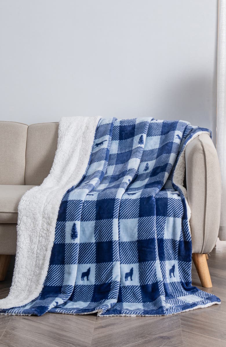 Woven & Weft Logde Plaid Print Reversible Faux Shearling Throw Blanket, Alternate, color, Buffalo Check Lodge
