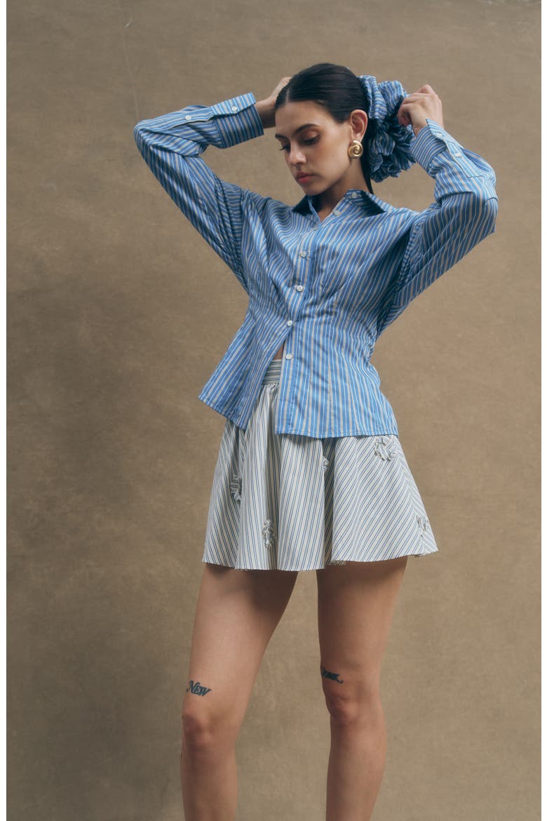 Hadley Pleated Stripe Cotton Blend Button-Up Top, Alternate, color, BLUE STRIPE