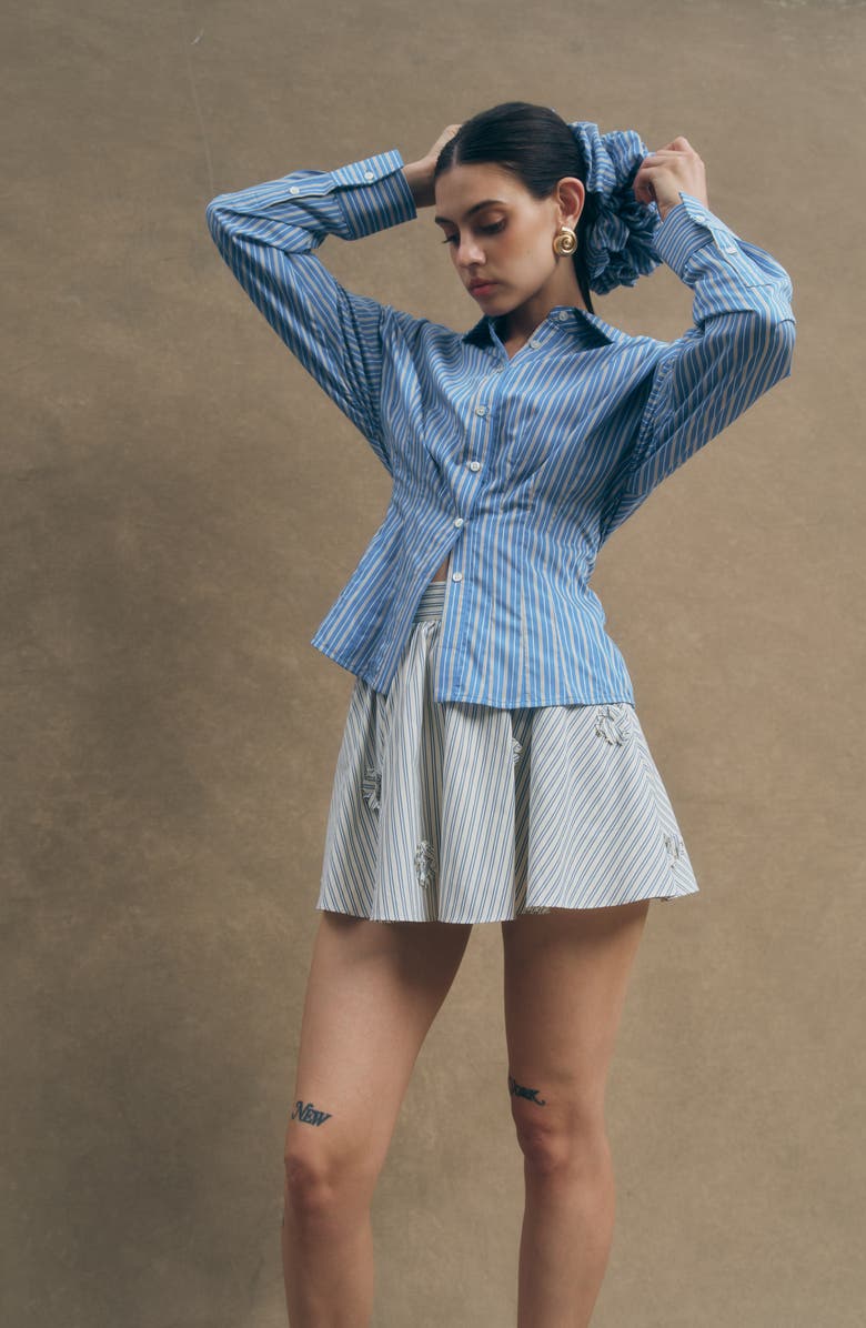 MAUDE CLUB Hadley Pleated Stripe Cotton Blend Button-Up Top, Alternate, color, Blue Stripe