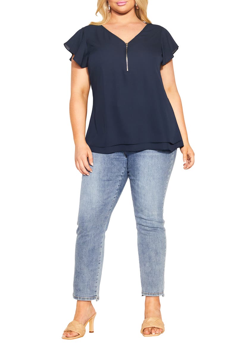 Florrie Zip Flutter Sleeve Top, Alternate, color, NAVY