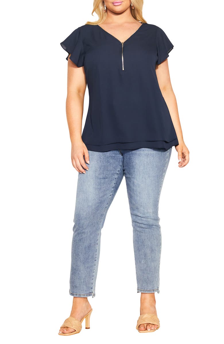 City Chic Florrie Zip Flutter Sleeve Top, Alternate, color, Navy