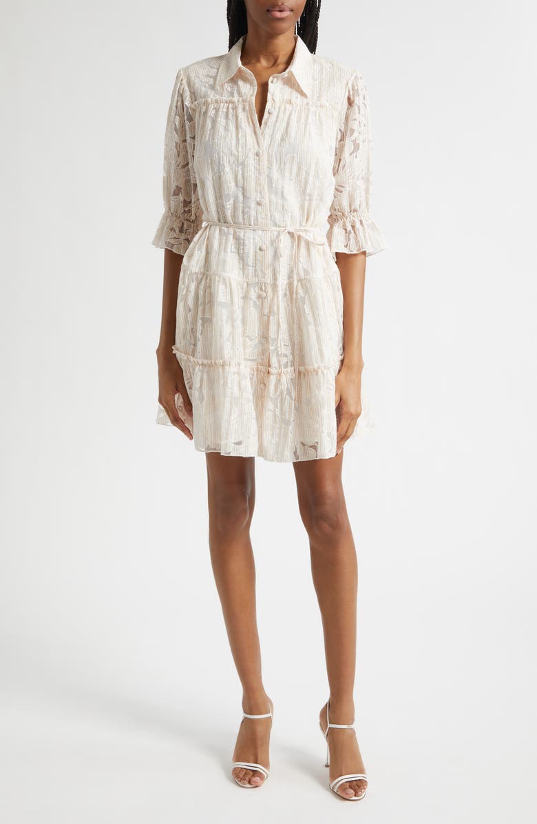 Cinq à Sept Rayla Floral Jacquared Tiered Shirtdress, Main, color, Khaki Multi