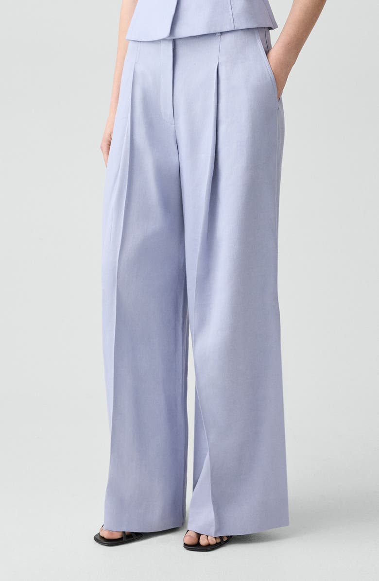 Theory Pleated Linen Blend Wide Leg Pants, Alternate, color, Cornflower