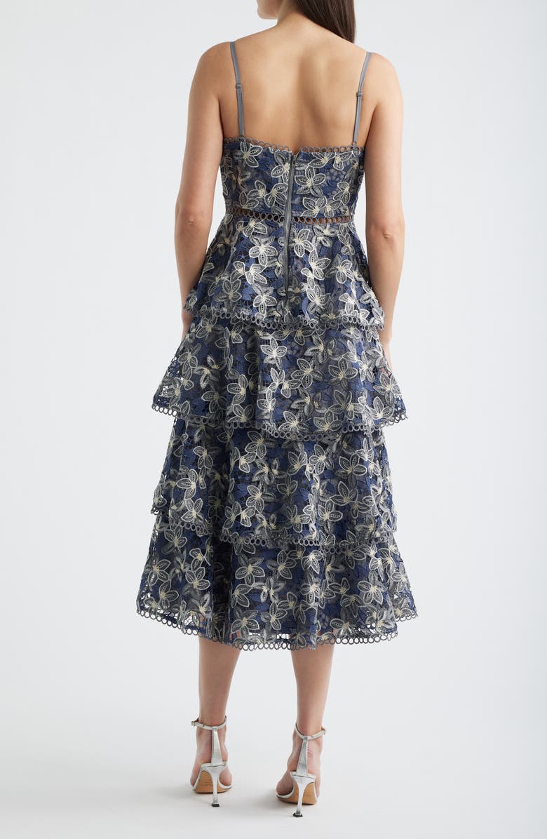 Arose Studio Marcela Floral Embroidered Tiered Midi Dress, Alternate, color, Navy