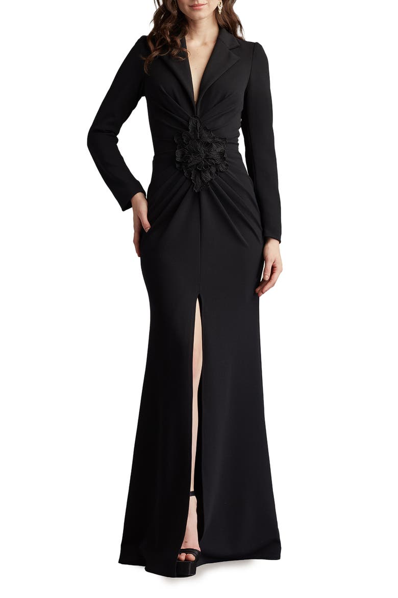 Embroidered Crepe Flower Long Sleeve Body-Con Gown, Main, color, BLACK