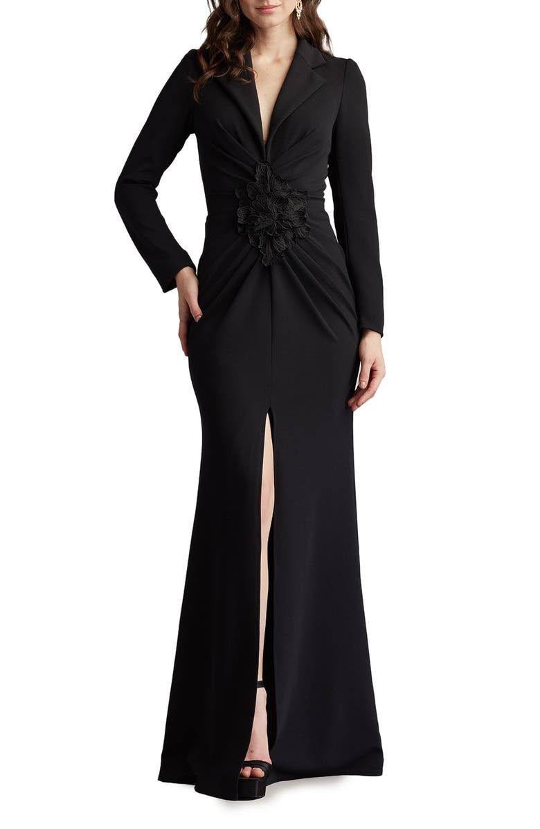 Tadashi Shoji Embroidered Crepe Flower Long Sleeve Body-Con Gown, Main, color, Black