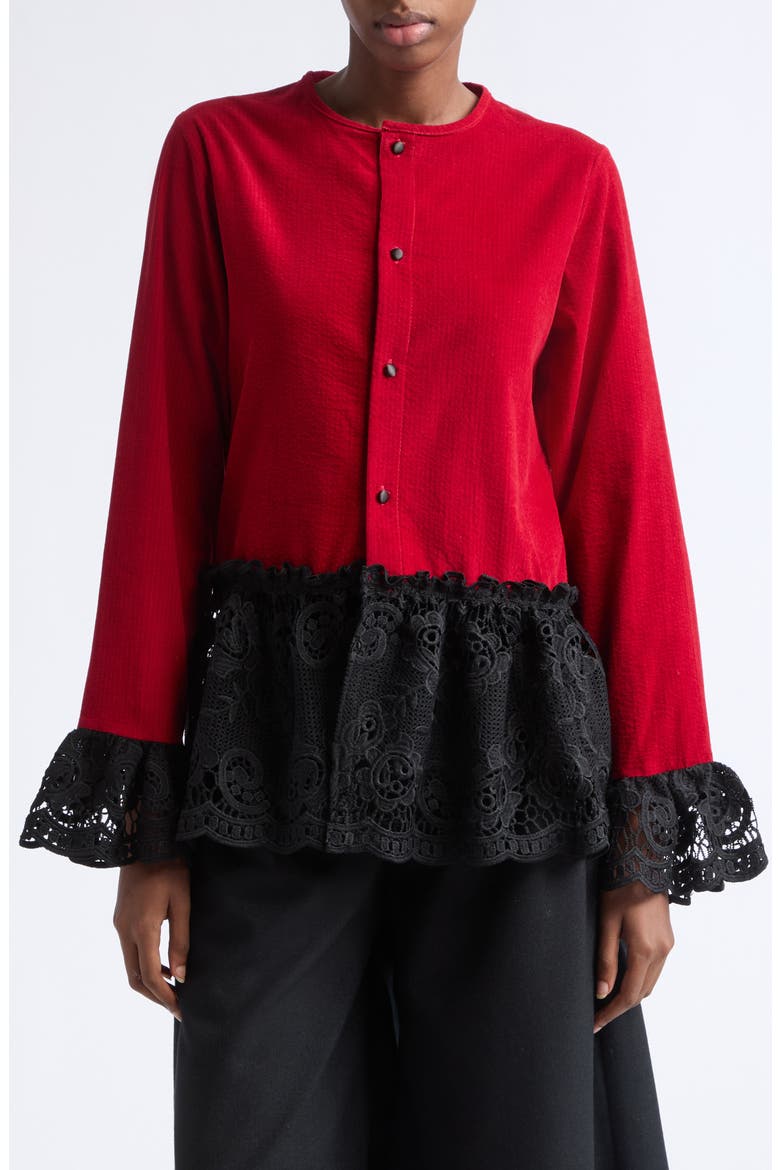 Ripple Corduroy Blouse with Lace Trim, Main, color, RED