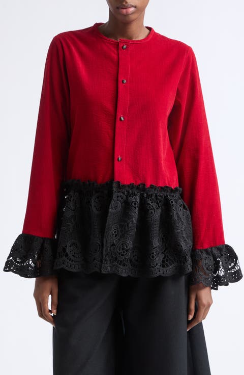 Ripple Corduroy Blouse with Lace Trim