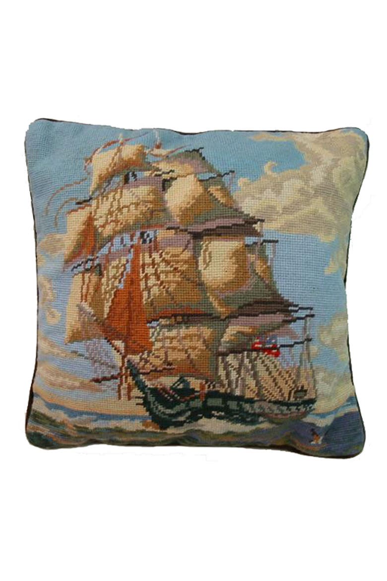USS Constitution Ship Vintage Needlepoint Accent Pillow 16" x 16", Main, color, Blue