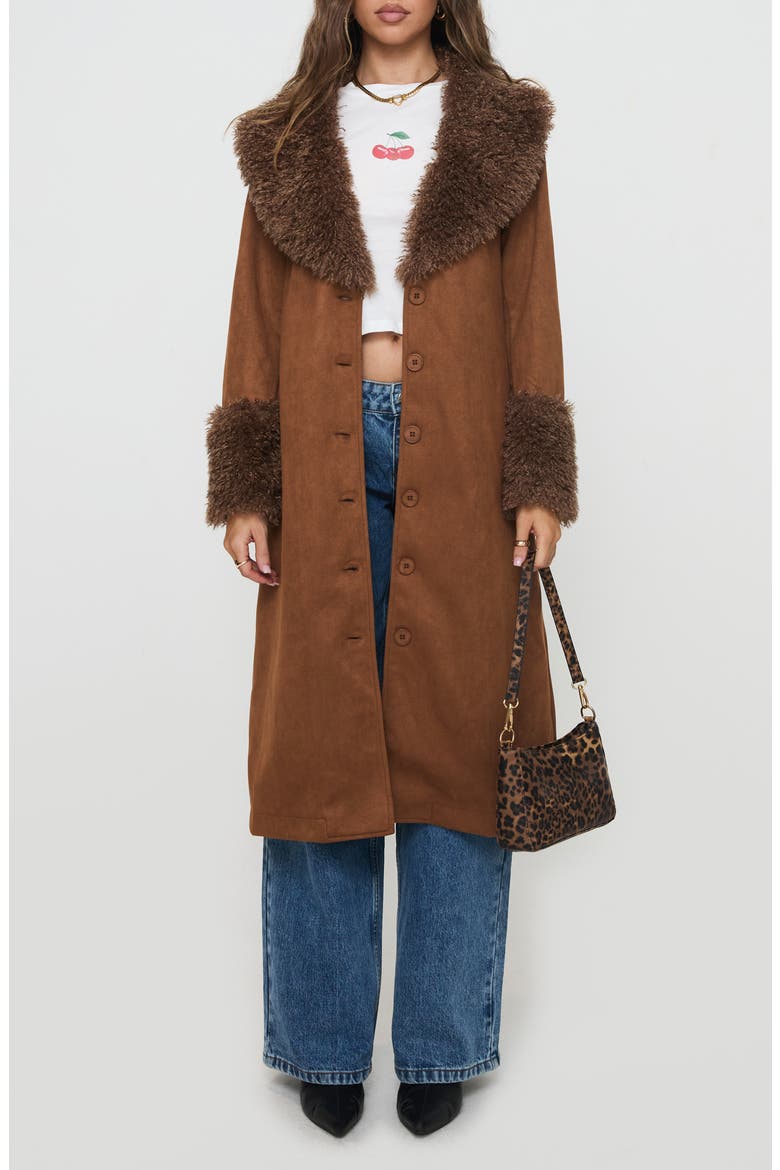 After Party Faux Suede Long Coat with Faux Shearling Trim, Main, color, BROWN