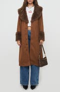 Princess Polly After Party Faux Suede Long Coat with Faux Shearling Trim