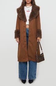 Princess Polly After Party Faux Suede Long Coat with Faux Shearling Trim