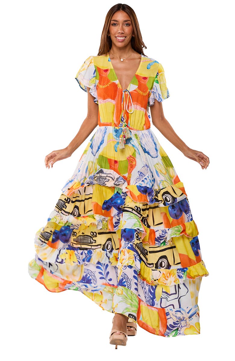 RANEES Tie Front Print Maxi Dress, Alternate, color, Yellow