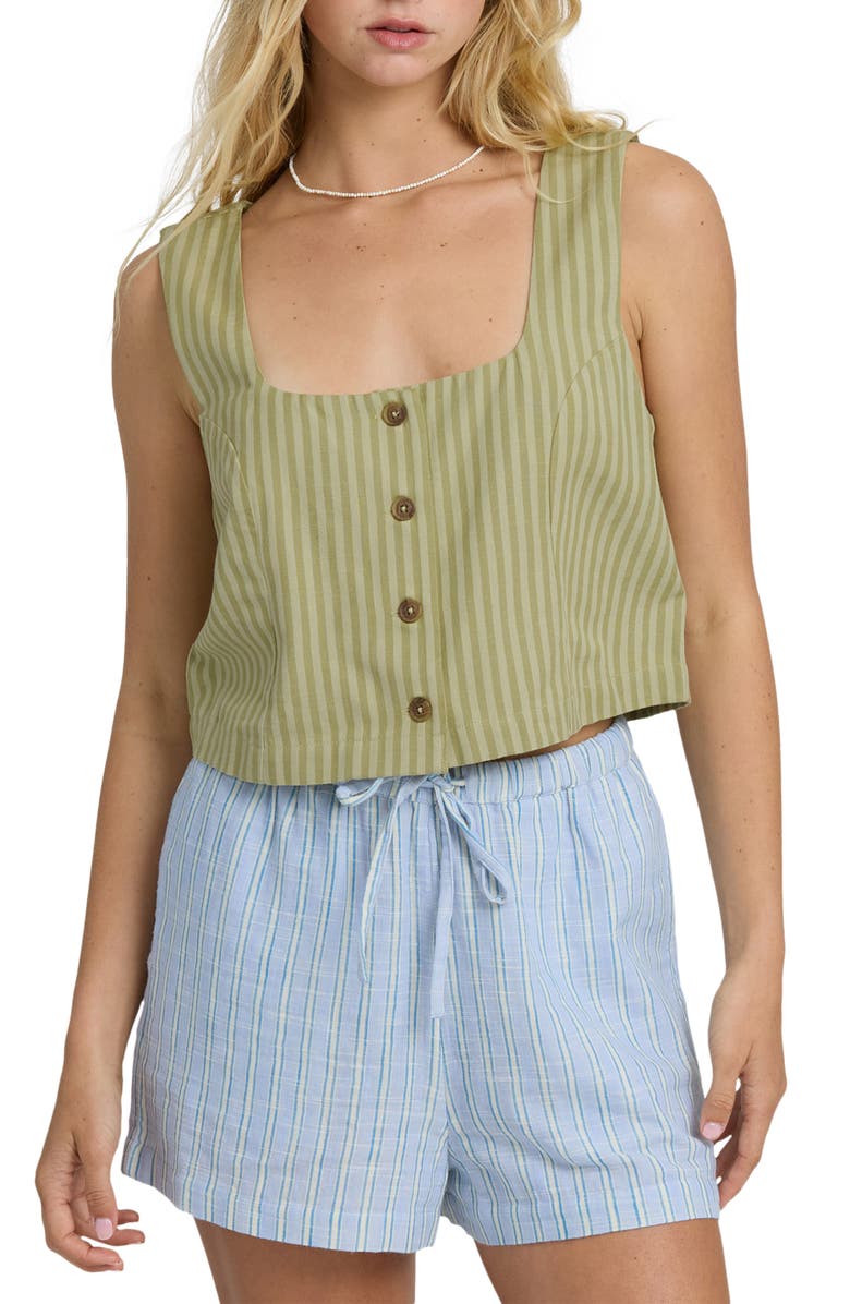 Billabong Another Wave Crop Cotton Blend Button-Up Tank Top, Main, color, Cedar