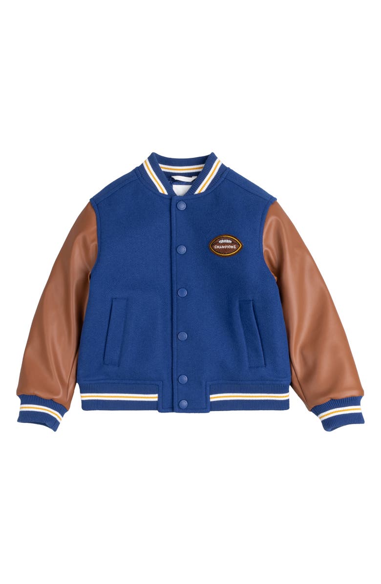 MILES THE LABEL Kids' Varsity Colorblock Snap-Up Jacket, Main, color, Blue Royal