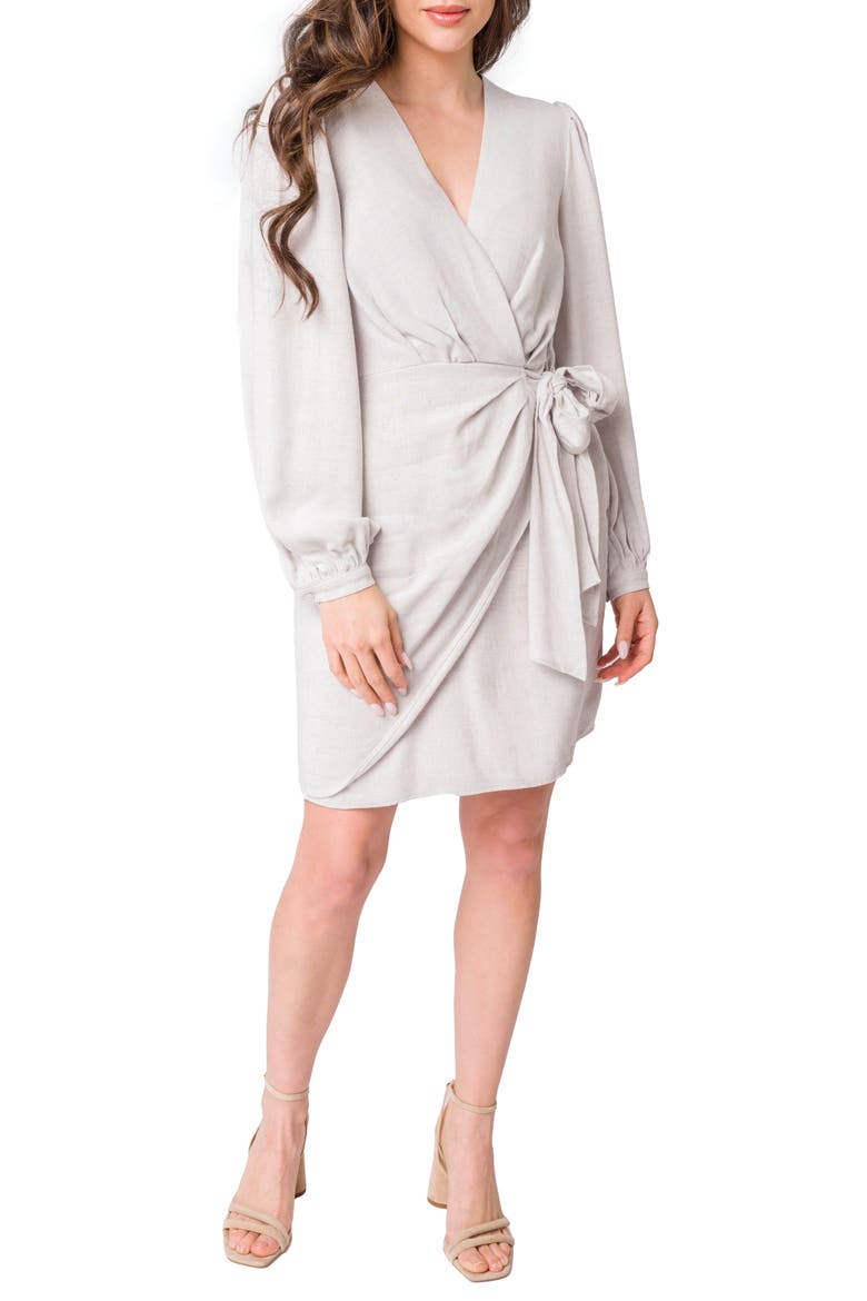 Long Sleeve Faux Wrap Dress, Main, color, SILVER