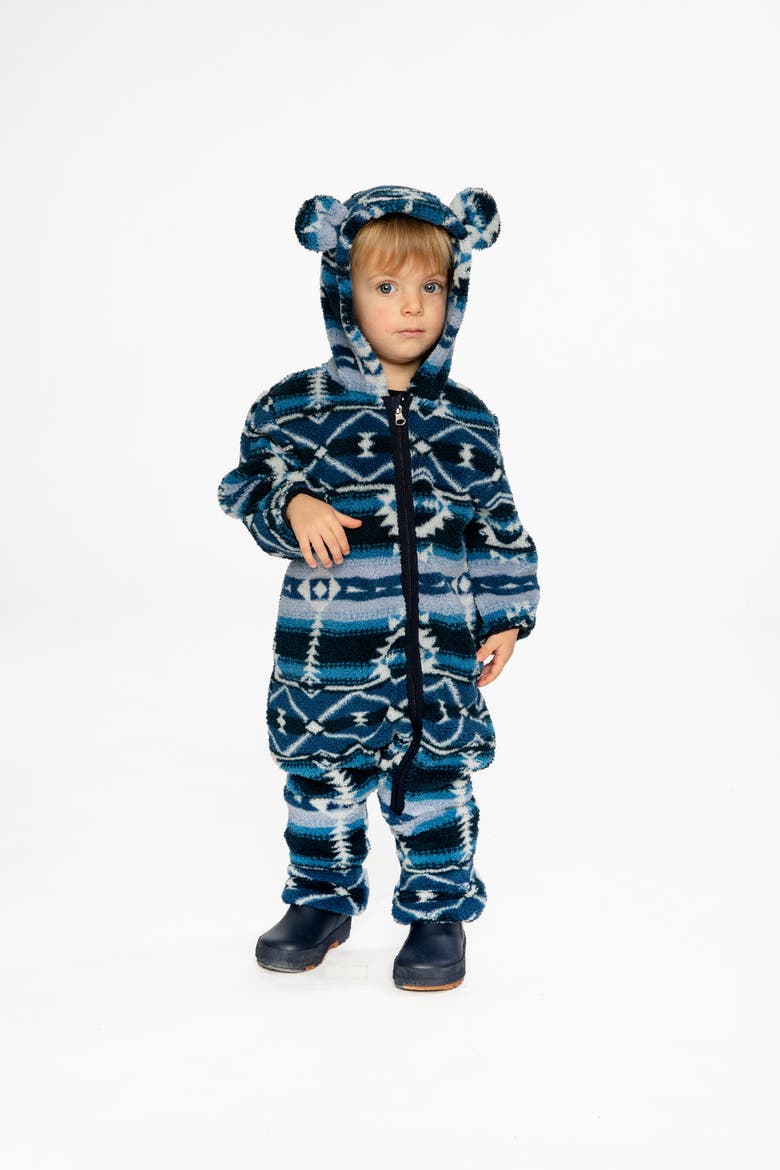 Mid-Season Plush Animal Ear Hood Asymmetrical Zip One-Piece Outerwear, Alternate, color, Aztec Blue