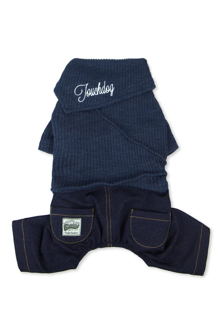 Pet Life® Touchdog Vogue Neck-Wrap Sweater and Denim Pant Outfit - Small, Main, color, NAVY