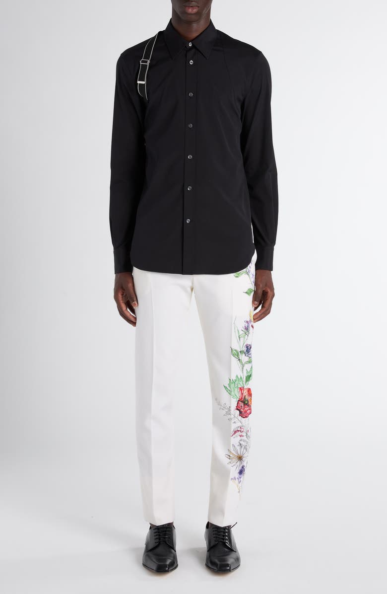 McQueen Logo Tape Harness Stretch Cotton Button-Up Shirt, Alternate, color, Black Silver