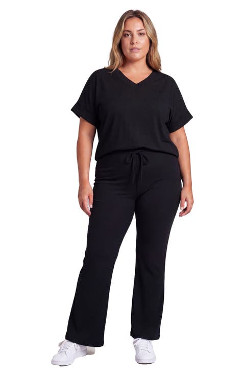 Basic Curvy Ribbed Knit Dolman Sleeve V-neck Top And Drawstring Wide Leg Pant Set