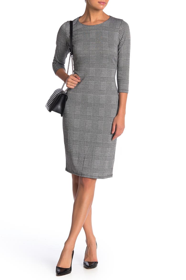 Houndstooth Plaid 3/4 Sleeve Ponte Sheath Dress, Alternate, color, BLACK/WHITE HOUNDSTOOTH