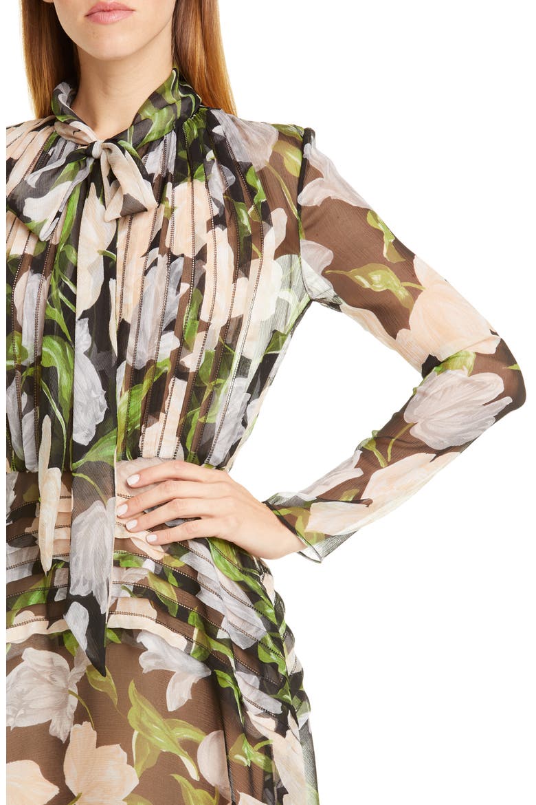 Floral Silk Long Sleeve Midi Dress, Alternate, color, BLACK/ NUDE