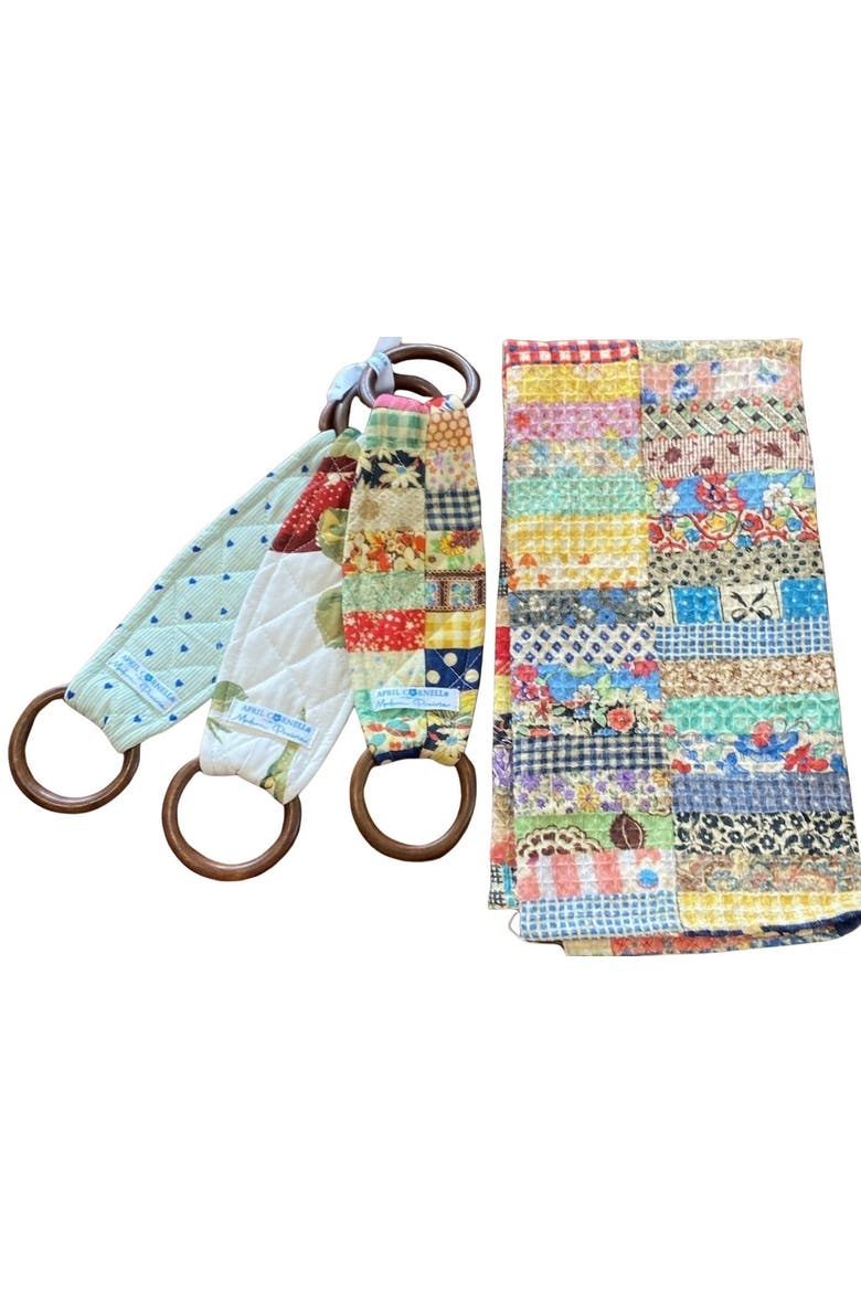 Patch Parade Tea Towel + Set Of 3 Wooden Loop Hangers, Main, color, Pastel Green
