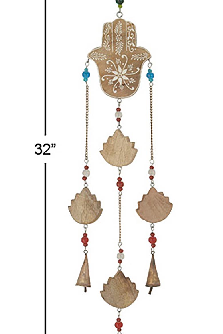 Brown Mango Wood Handmade Hamsa Buddha Windchime with Glass Beads & Cone Bells, Alternate, color, BROWN