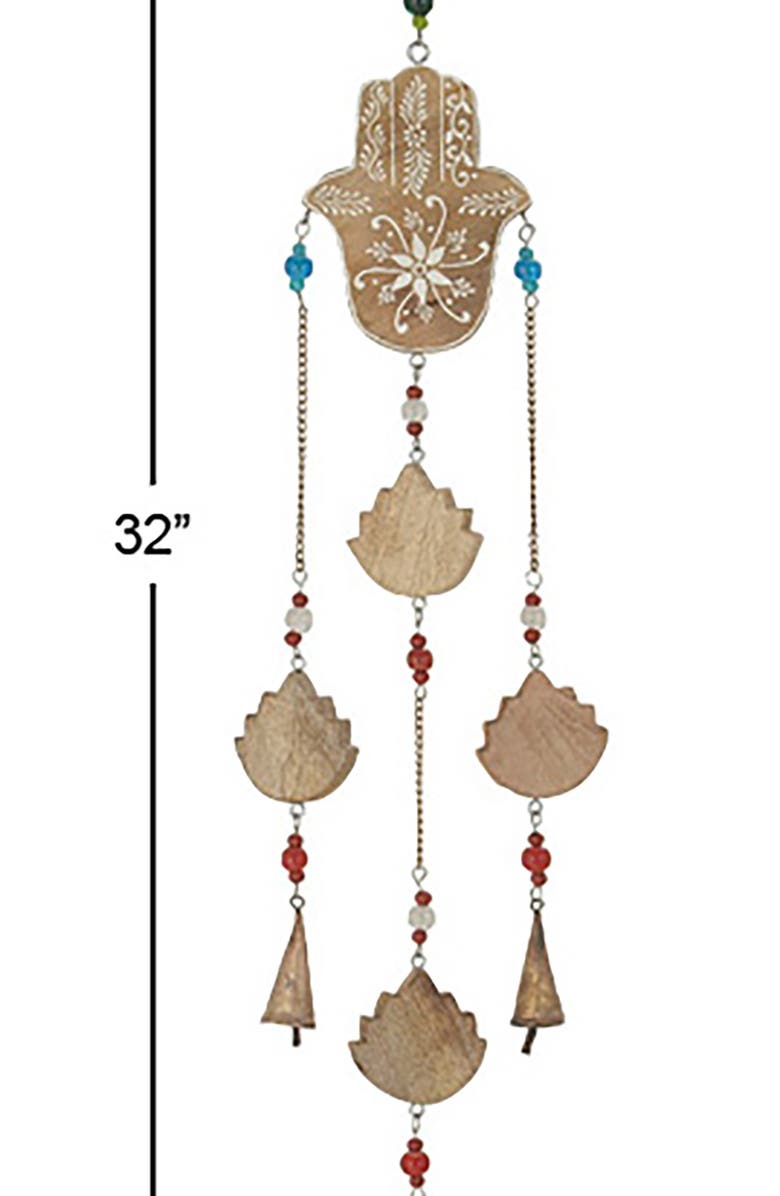 GINGER BIRCH STUDIO Brown Mango Wood Handmade Hamsa Buddha Windchime with Glass Beads & Cone Bells, Alternate, color, Brown
