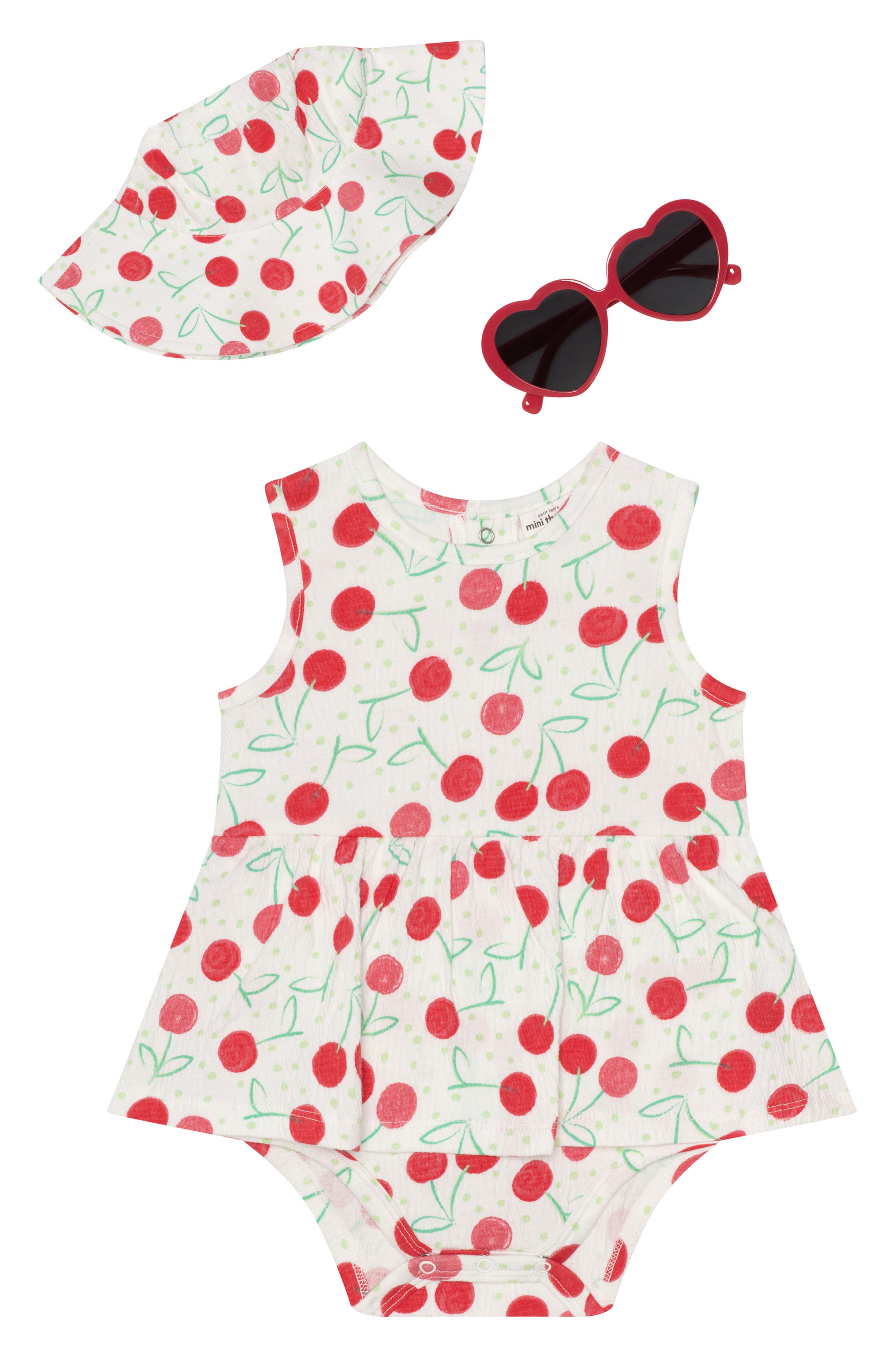 Petit Lem’s Mini Threads Cherry Print Skirted Romper, Hat and Sunglasses Set