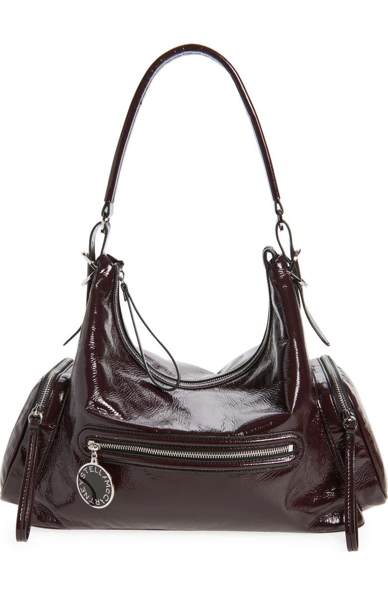 Stella McCartney Dartmoor Crinkled Patent Faux Leather Shoulder Bag, Main, color, Shiraz