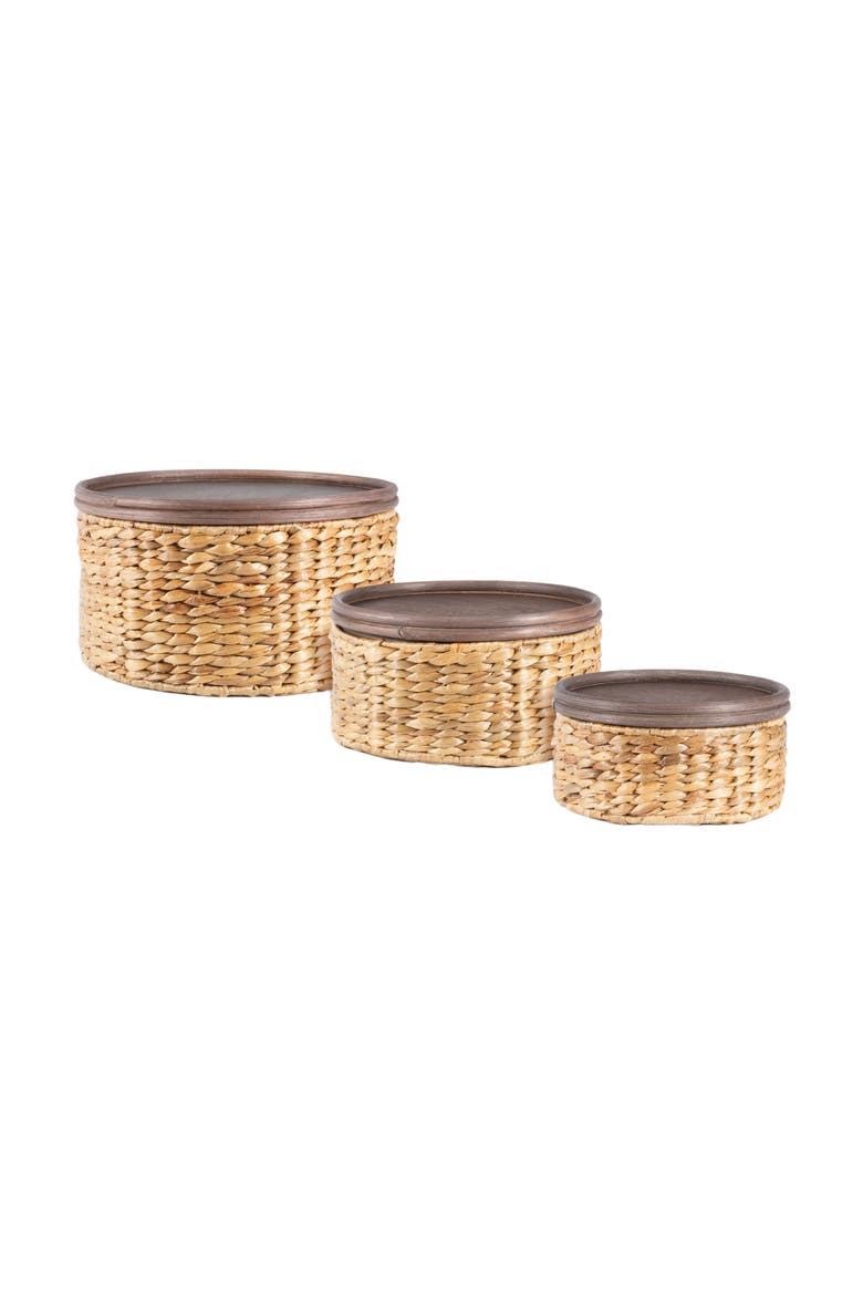 Gouda Southwestern Hand-Woven Hyacinth Circular Nesting Baskets with Wood Lids, Natural, Main, color, Natural