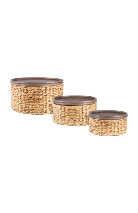 Gouda Southwestern Hand-Woven Hyacinth Circular Nesting Baskets with Wood Lids, Natural (Set of 3)