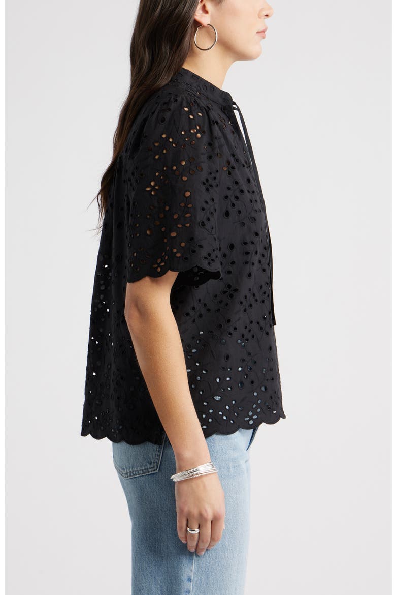 Eyelet Split Neck Cotton Top, Alternate, color, BLACK