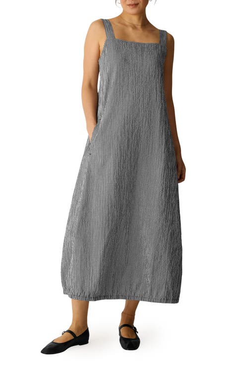 Check Sleeveless Stretch Organic Cotton Lantern Maxi Dress