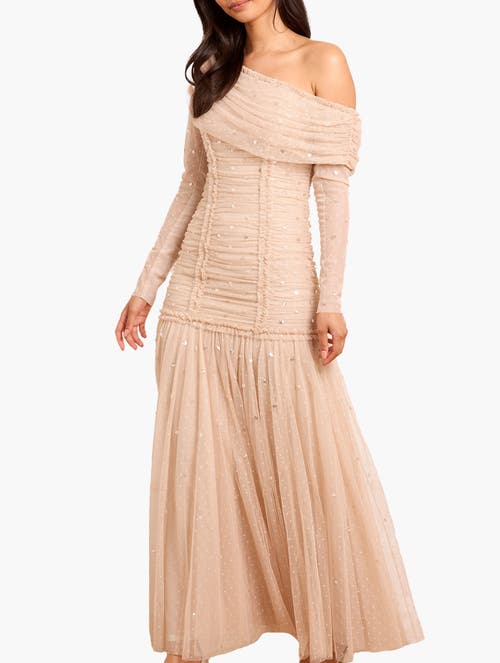 Needle & Thread Gigi Dot One-shoulder Rouched Gown In Neutral