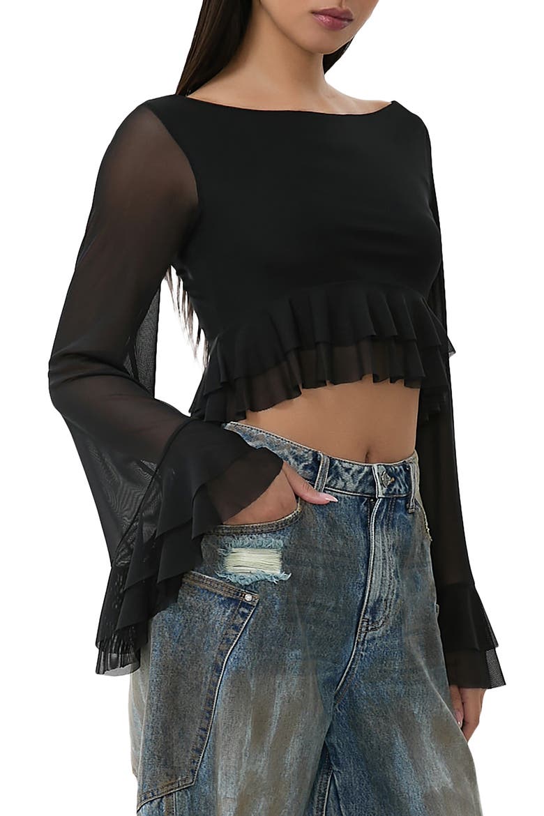 Inaya Layered Bell Sleeve Crop Top, Alternate, color, NOIR